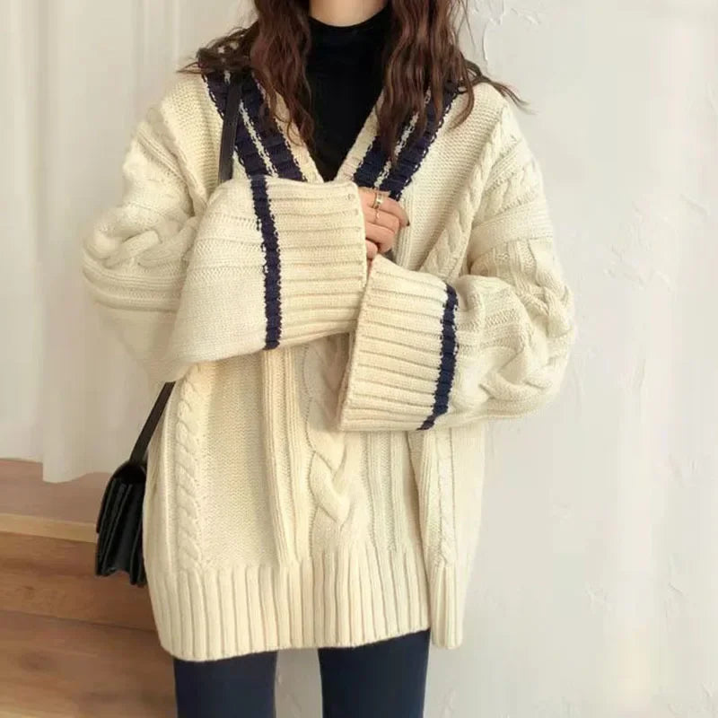 Cozy v-neck cable knit oversized sweater for women