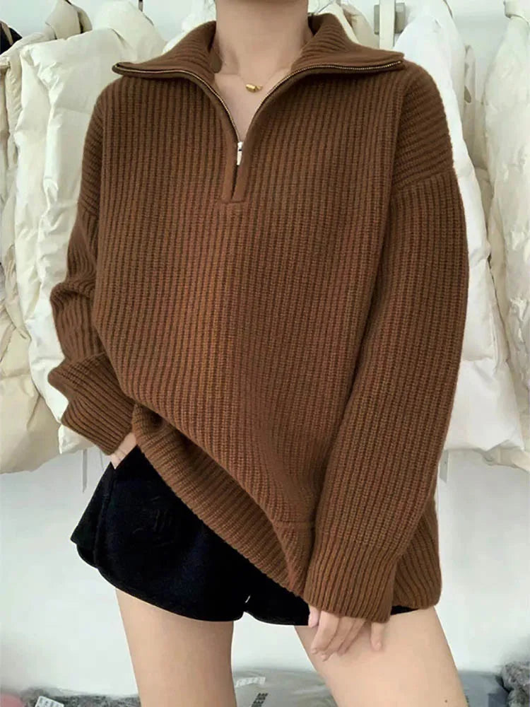 Women's half zip turn-down collar pullover sweater