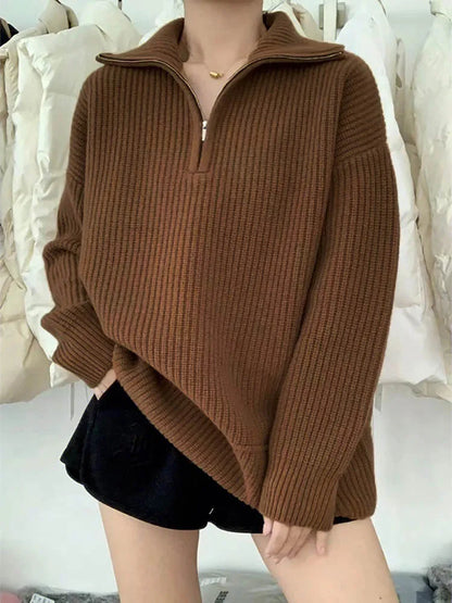 Women's half zip turn-down collar pullover sweater