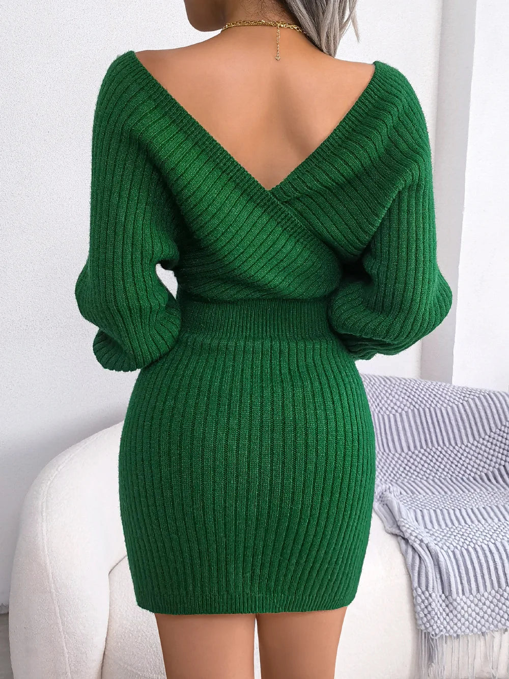 Women's Knitted Sweater Dress - Bodycon Fit - V-Neck - Ribbed Long Sleeve Mini Dress