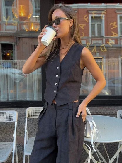 Women's Two-Piece Suit - Sleeveless Fitted Vest & High-Waisted Wide-Leg Trousers