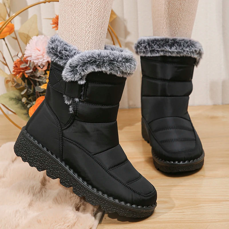 Women's waterproof  faux fur high-top snow boots with hook-and-loop closure