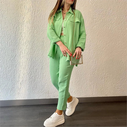 Women's casual long sleeve shirt and loose button pants set