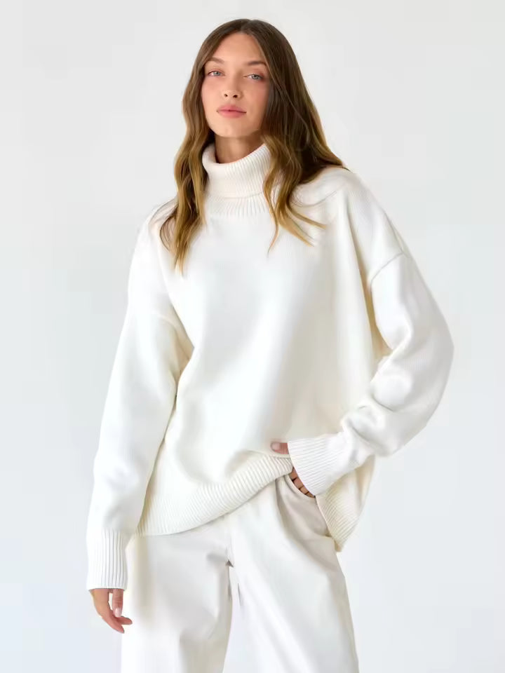 Women’s Turtleneck Sweater – Oversized Fit – Ribbed Knit – Long Sleeve Casual Pullover