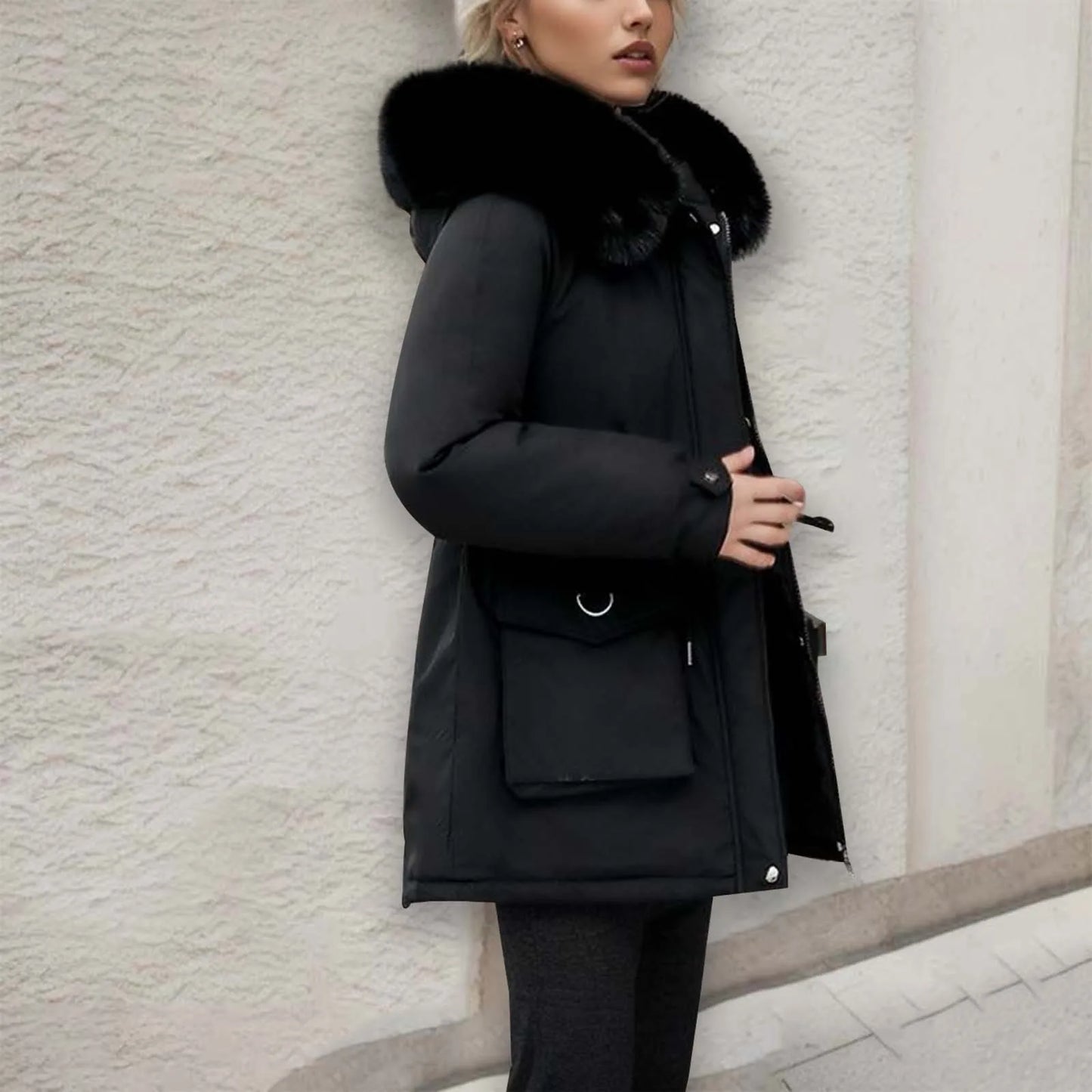 Women's winter windbreaker hooded jacket with a full zip  waist cinch and pockets