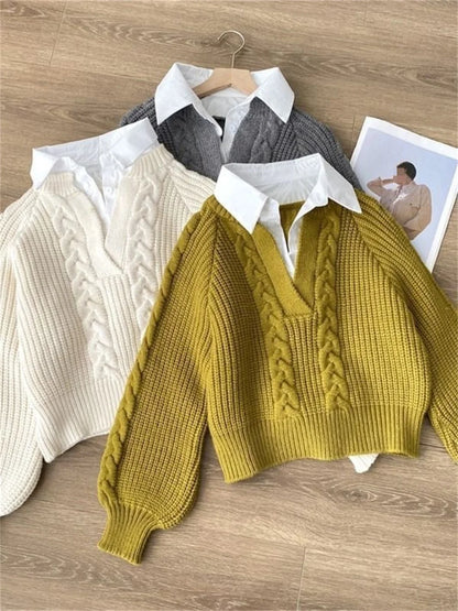 Women’s cable knit sweater with V-neck and layered collar