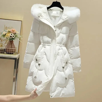 Women's winter midi-length hooded padded jacket with drawstring waist