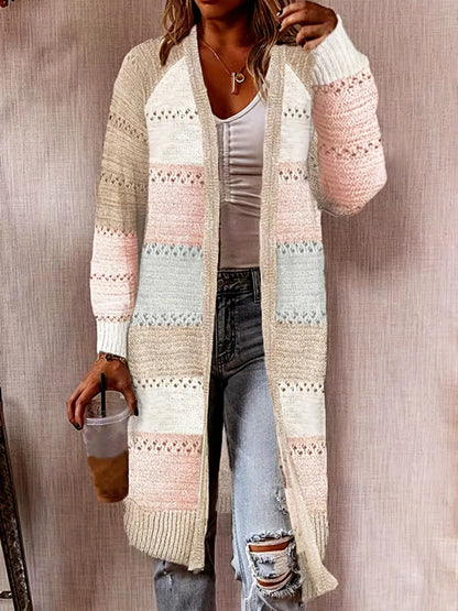 Women’s V-neck long sleeve cardigan sweater with plaid pattern
