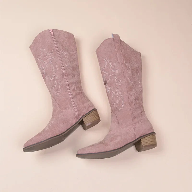 Embroidered Suede Western Style Cowboy Boots 