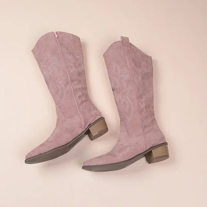 Women’s Cowboy Boots – Suede Texture – Embroidered Western Style – Mid Calf – Low Heel