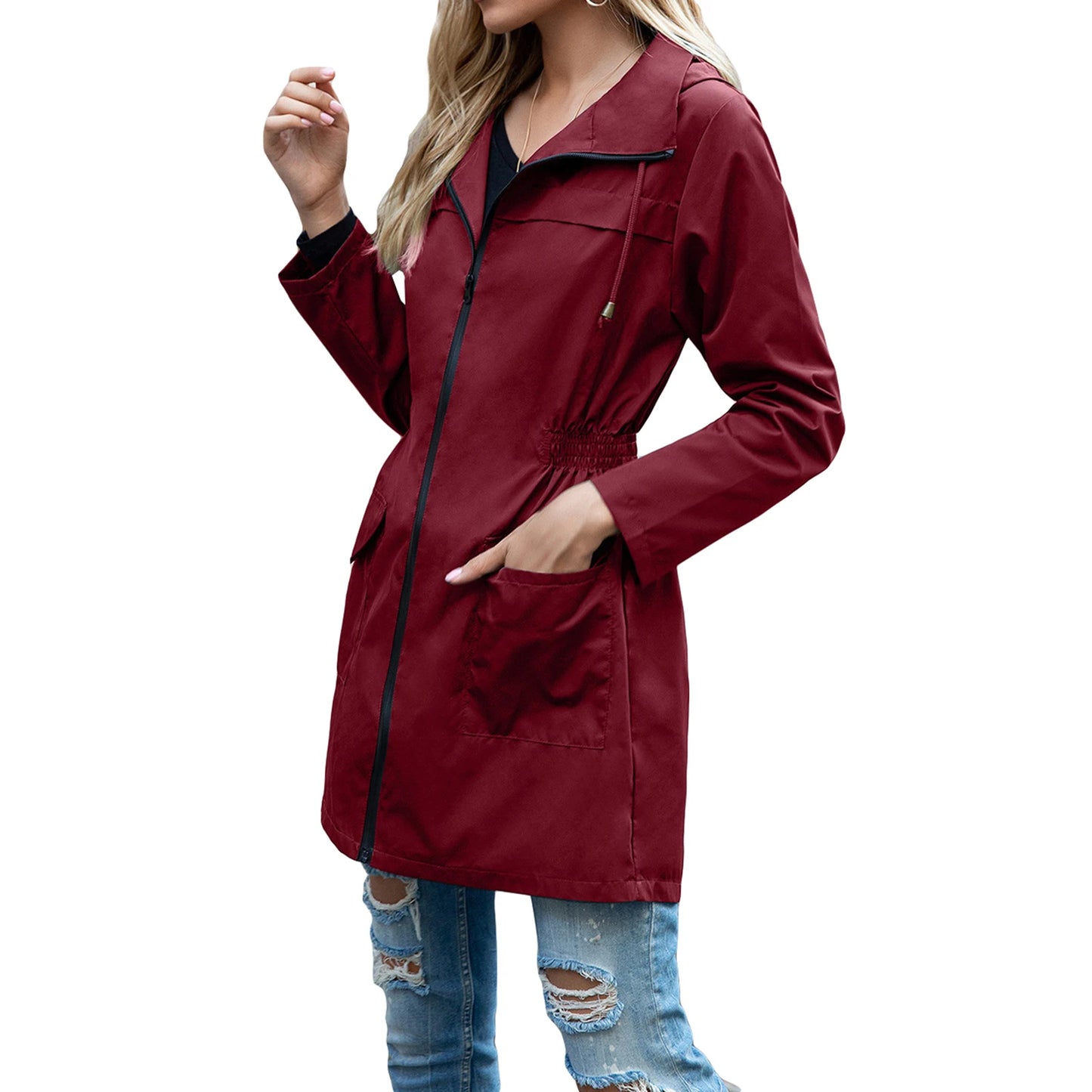 Women's casual hooded jacket with waist drawstring and pockets