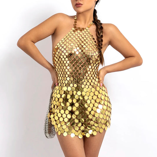Metallic Mesh Halter Mini Party Dress