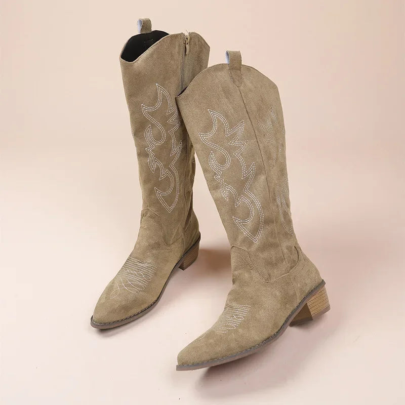 Embroidered Suede Western Style Cowboy Boots 