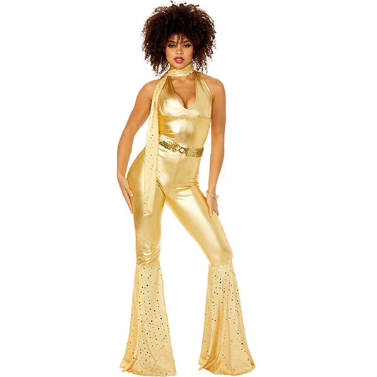 Metallic Shine Halter Neck Flared Jumpsuit
