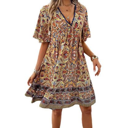 Women’s Bohemian Dress – Lightweight Cotton – Relaxed Fit – V-Neck – Tiered Hem – Short Sleeve