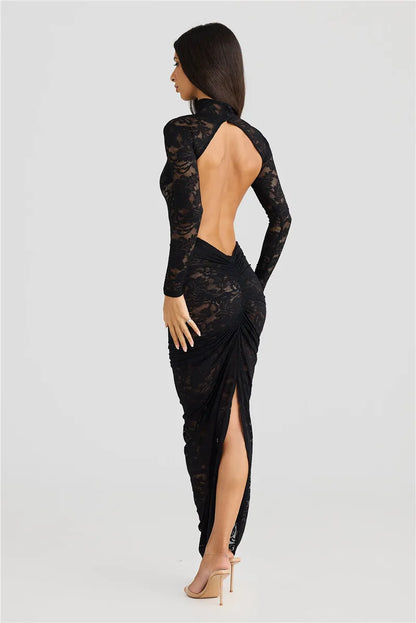Women’s Slip Dress – Lace Bodycon Fit – High Neck – Long Sleeve – Thigh Slit – Floral Applique