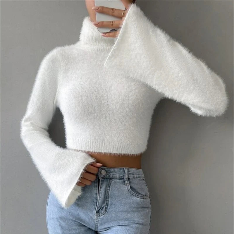 Women’s turtleneck cropped sweater with flared sleeves