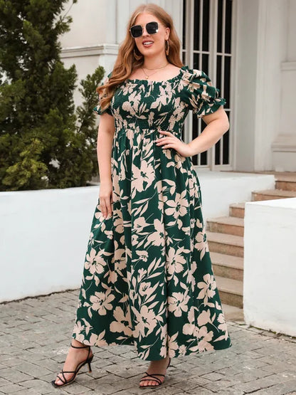 Women's Maxi Dress - Square Neck - Puff Sleeves - Smocked Bodice - Floral Print