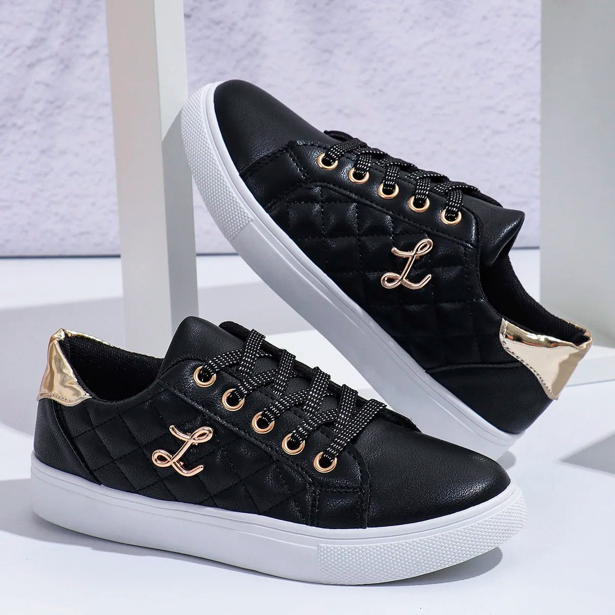 Women's Platform Sneakers - Quilted Design - Lace-Up - Casual Stylish Footwear