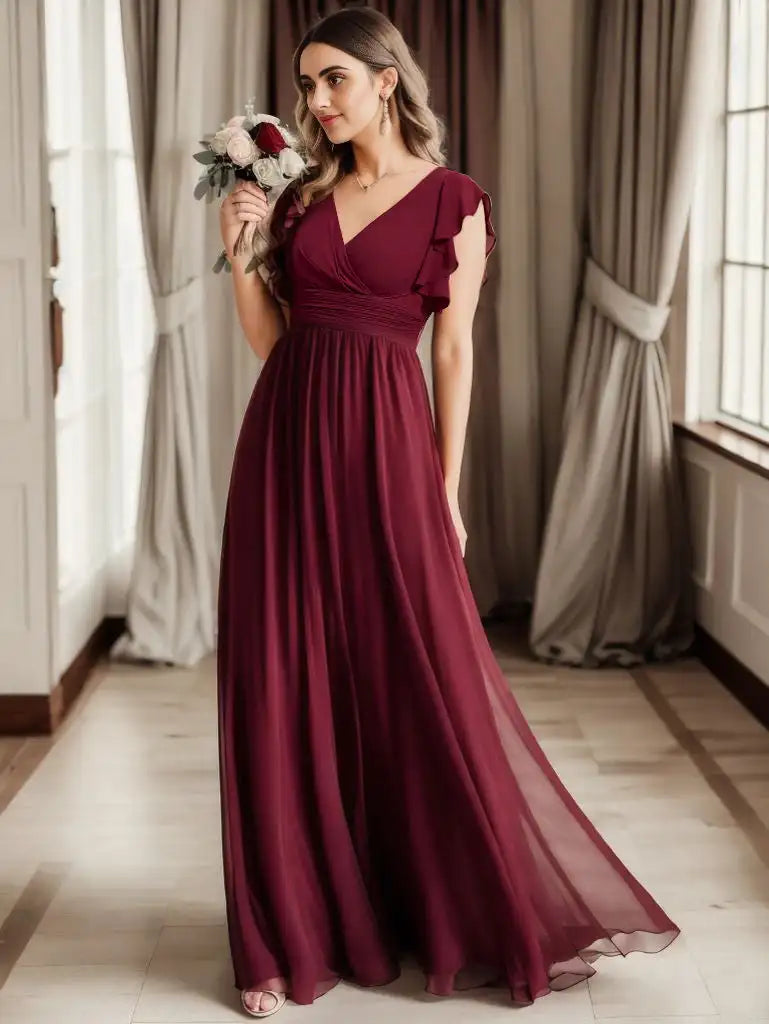 Chiffon Flutter Sleeve A-Line Evening Gown