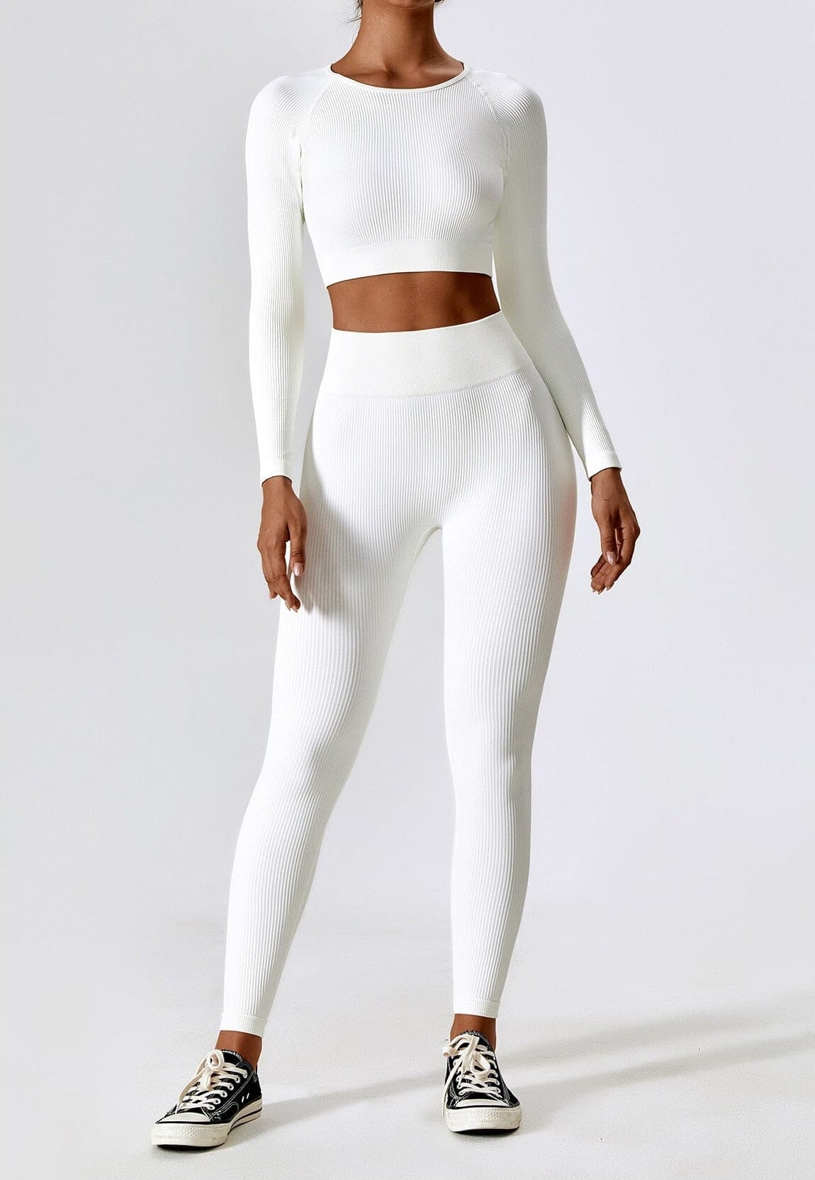 Women's Ribbed Knit Two-Piece Set - Long Sleeve Crop Top & High-Waisted Leggings