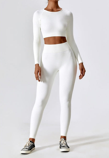 Women's Ribbed Knit Two-Piece Set - Long Sleeve Crop Top & High-Waisted Leggings