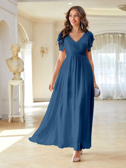 Women’s Evening Gown – Satin A-Line – V-Neck – Flutter Sleeves – Full Length Formal Wear