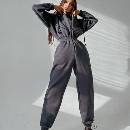 Women's Jumpsuit - Oversized Fit - Hooded with Zipper & Pockets - Elastic Waist