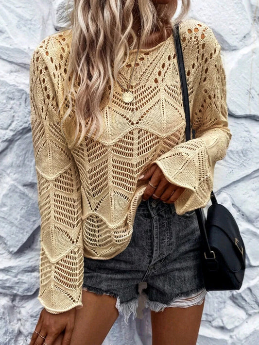Hollow Knit Round Neck Long Sleeve Sweater