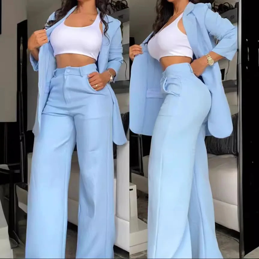 Women's blazer suit with slit sleeves and high waist wide leg trousers two-piece set