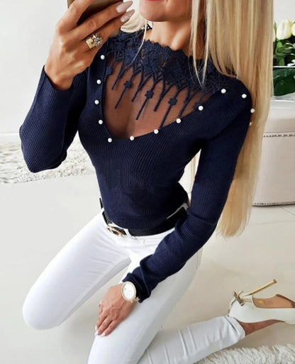 Women's Knit Sweater - Ribbed Long Sleeve - Lace V-Neck with Pearl Detailing