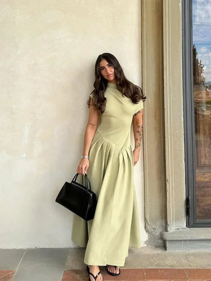 Women's Slant Collar Midi Dress – Fit and Flare – Pleated Skirt