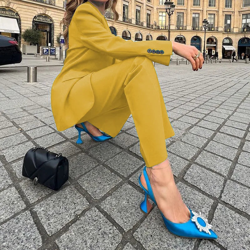 Women's lapel one-button closure blazer and pants 2-piece outfit set