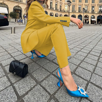 Women's lapel one-button closure blazer and pants 2-piece outfit set