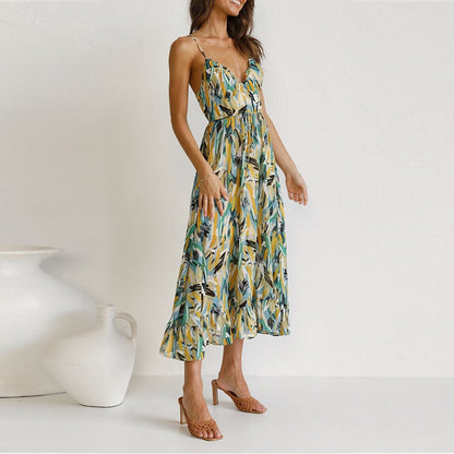 Women's Maxi Dress - Sleeveless V-Neck - Flowy A-Line with Abstract Print