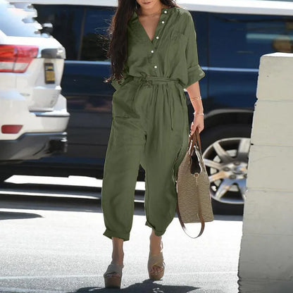 Women's Utility Jumpsuit - Cotton Blend - Long Sleeve - Belted Waist - Full Length