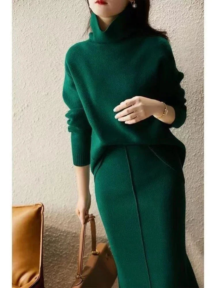 Women's autumn high neck knit two-piece set