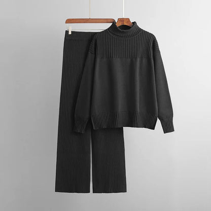 Women's casual knitted high neck loose sweater and pants two-piece set