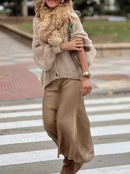 Women’s Cardigan - Chunky Knit - Oversized Fit - Hip Length - Lantern Sleeves
