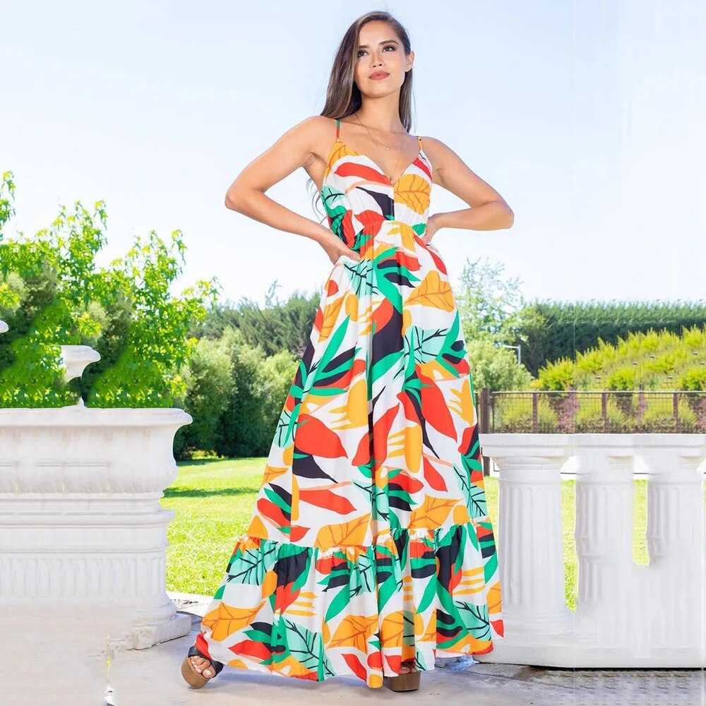 Women's Maxi Dress - Flowy Lightweight Design - Spaghetti Straps - Ruffle Hem
