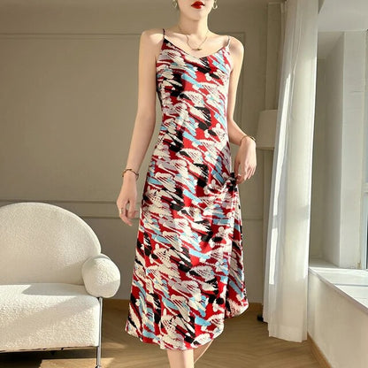 Women's Slip Dress - Satin Silk-Like Fabric - Midi Length - Spaghetti Straps Elegant Fit