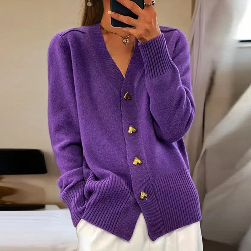 Women's long-sleeved v-neck cardigan sweater with button details