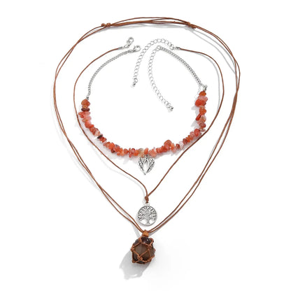 Women's Layered Necklace Set – Boho Stone Beads & Metal Pendants – Handmade Look