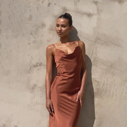 Women’s Maxi Dress – Satin Slim Fit – Cowl Neck – Spaghetti Strap Evening Gown