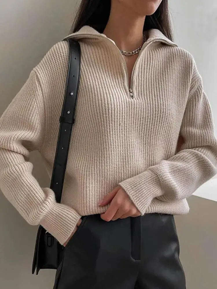 Women's half zip turn-down collar pullover sweater