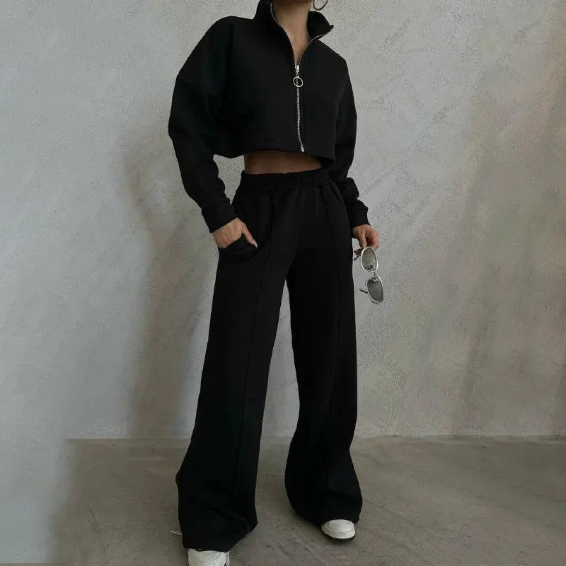 Women's casual round neck zip sweatshirt pants suit set