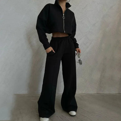 Women's casual round neck zip sweatshirt pants suit set