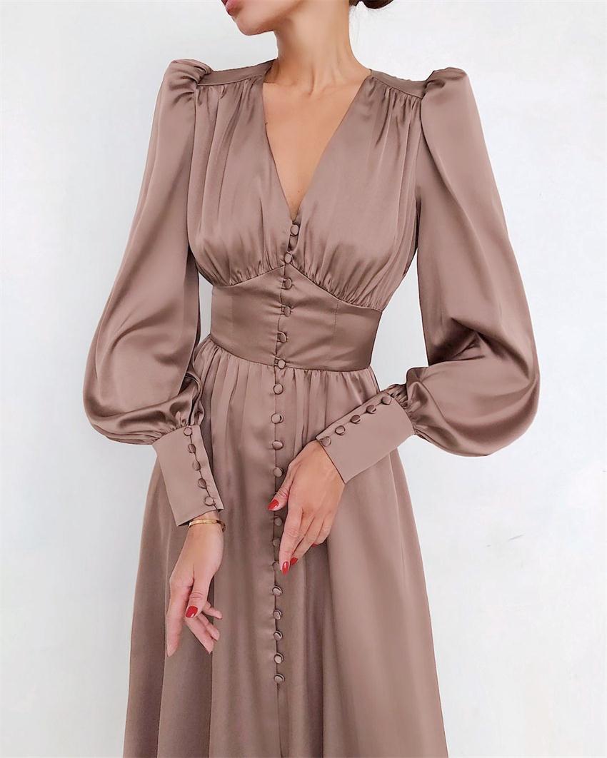 Women’s Midi Dress - Silky Satin Finish - V-Neck - Long Sleeve - A-Line Elegant Fit