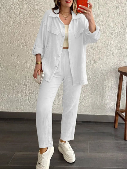 Women's casual long sleeve shirt and loose button pants set