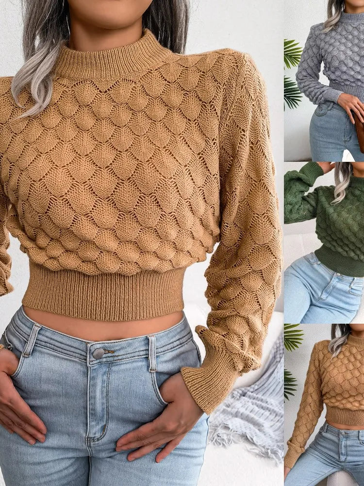 Women's diamond hollow long sleeve cropped knitted sweater